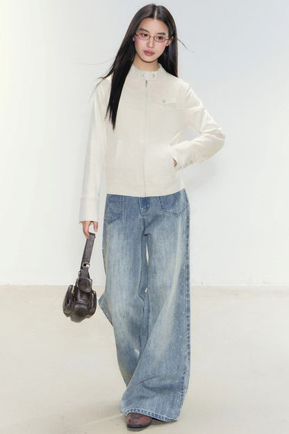 Bikerjacke aus Wildleder mit Stehkragen