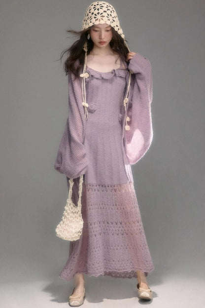Crochet Knit Camisole Dress Cardigan Set-Up