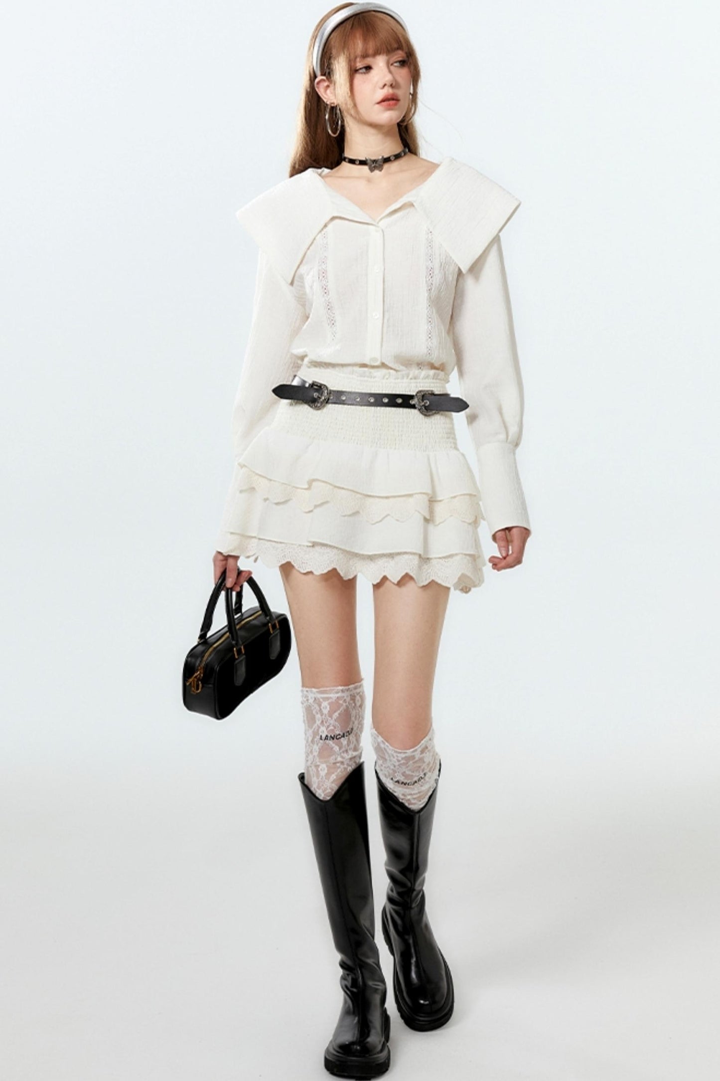 Sheer Lace Big-Collar Mint Blouse