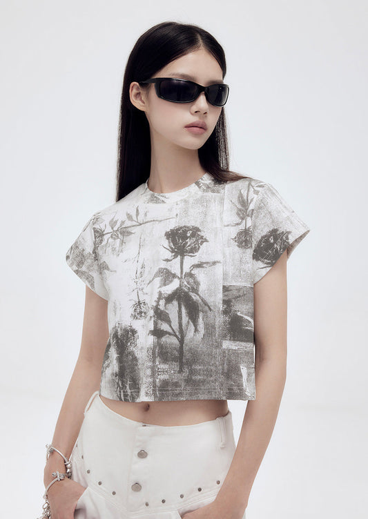 Botanical Pattern Short Round Neck T-Shirt