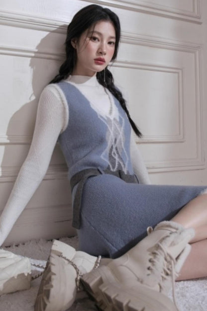 Mist Blue Diamond Plaid Vest Dress