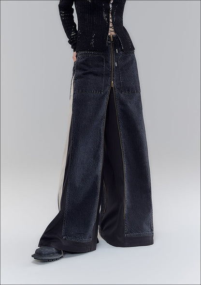 Old wash 2-way denim pants skirt