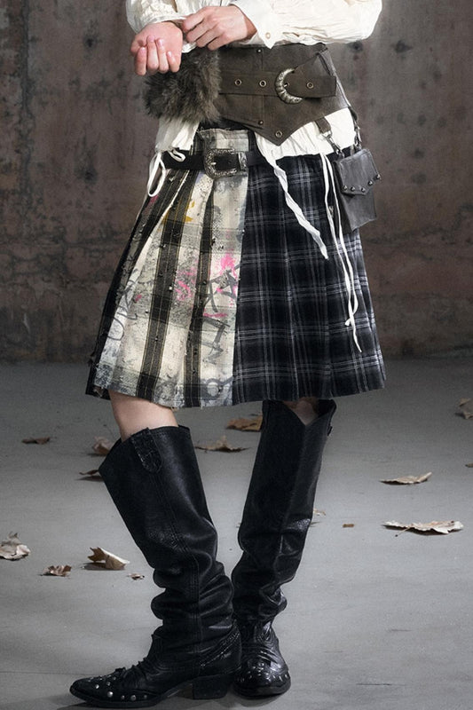 Leather Waist Plaid Pleated Skirt