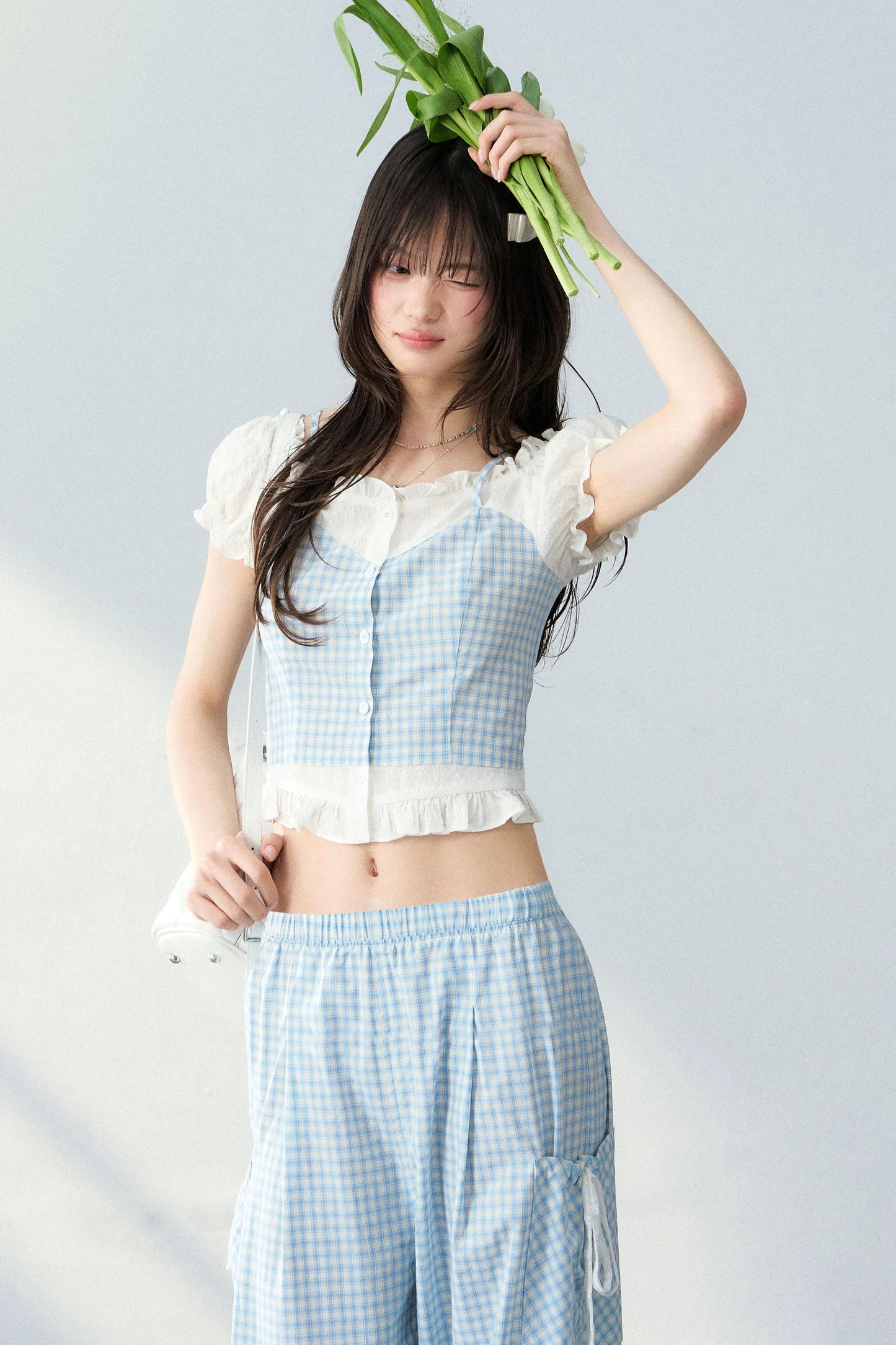 Blue Plaid Off-Shoulder Top Set-Up