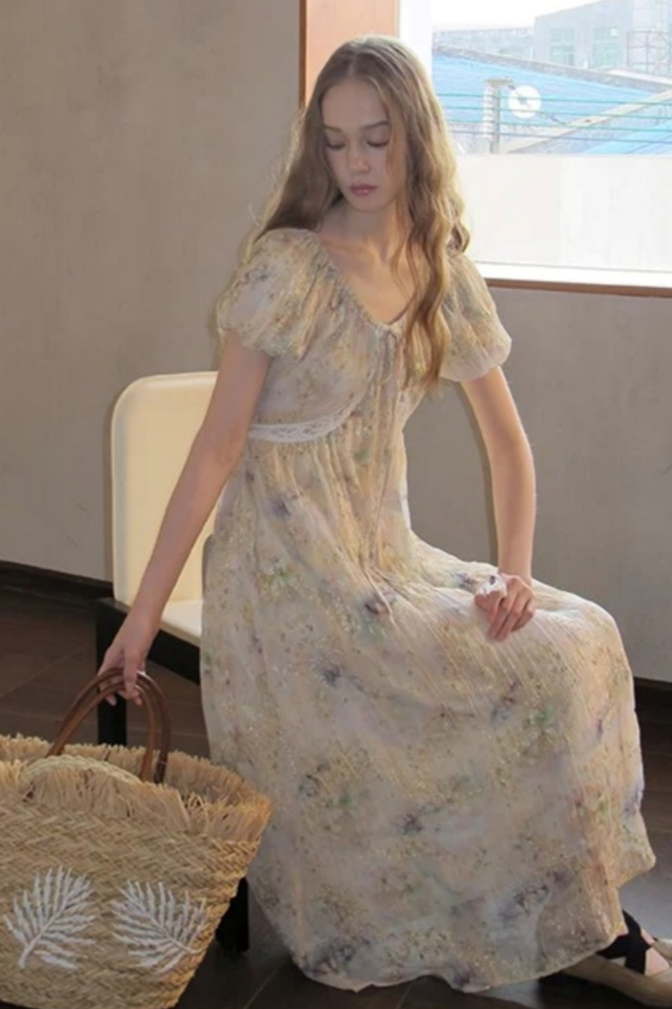 Embroidery Pleated Puff Sleeve Dress