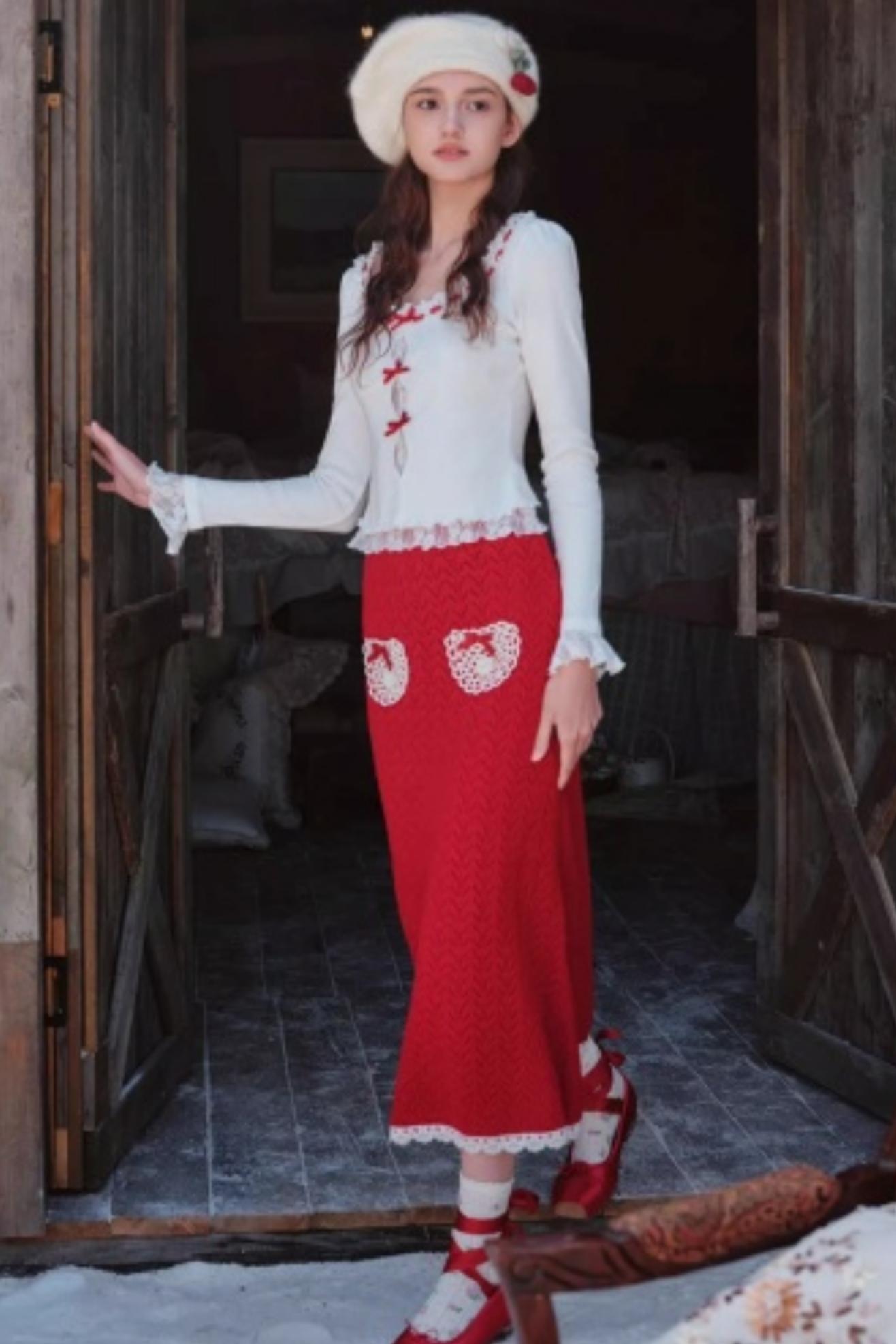 Berry Knit Lace Top Skirt Set-Up