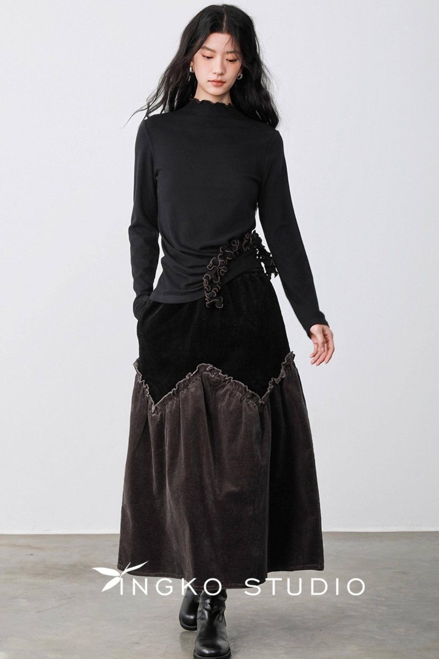 Gray Coffee Spliced Corduroy Skirt