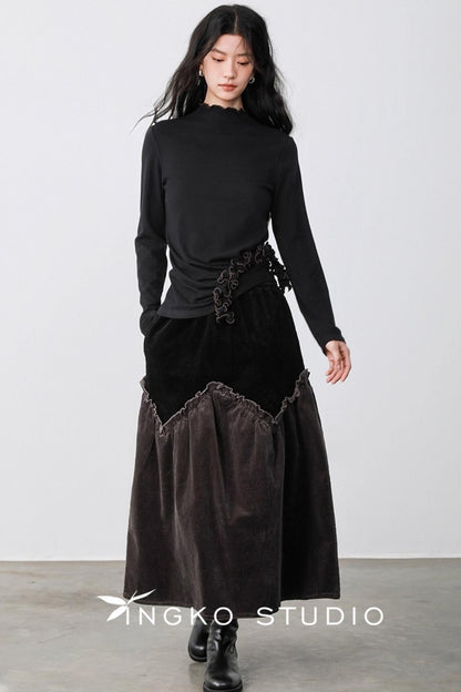 Gray Coffee Spliced Corduroy Skirt