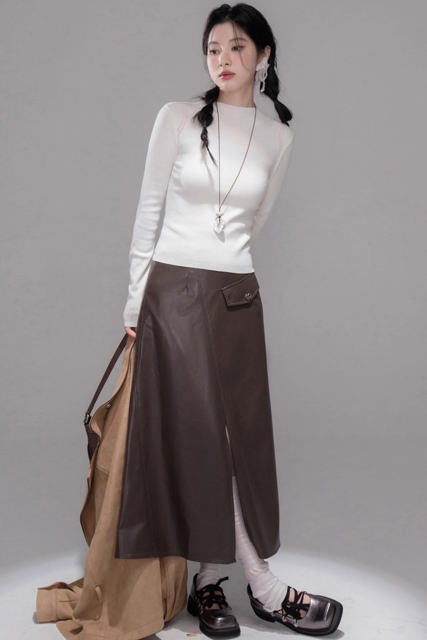 Rich and Crafty Brown Slit Leather Skirt