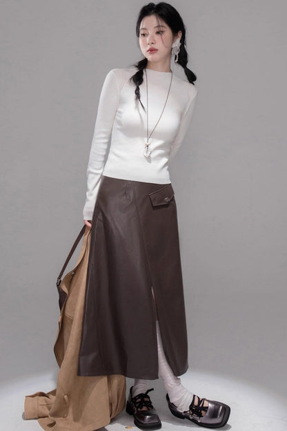 Rich and Crafty Brown Slit Leather Skirt