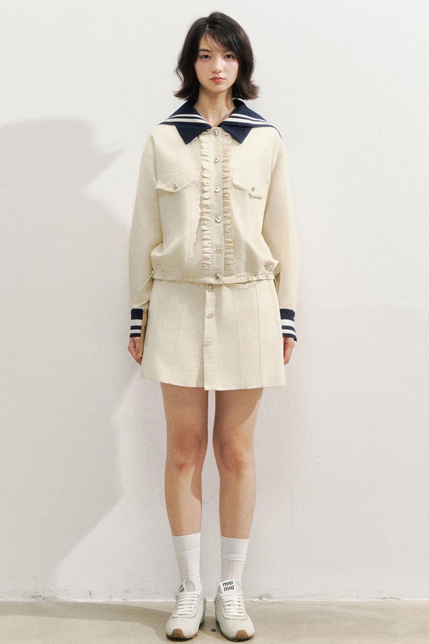 Beige Navy Collar Jacket Set-Up