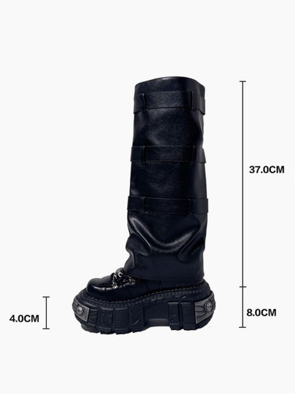 Y2K Punk Style Triple Belt Volume Sole Long Boots