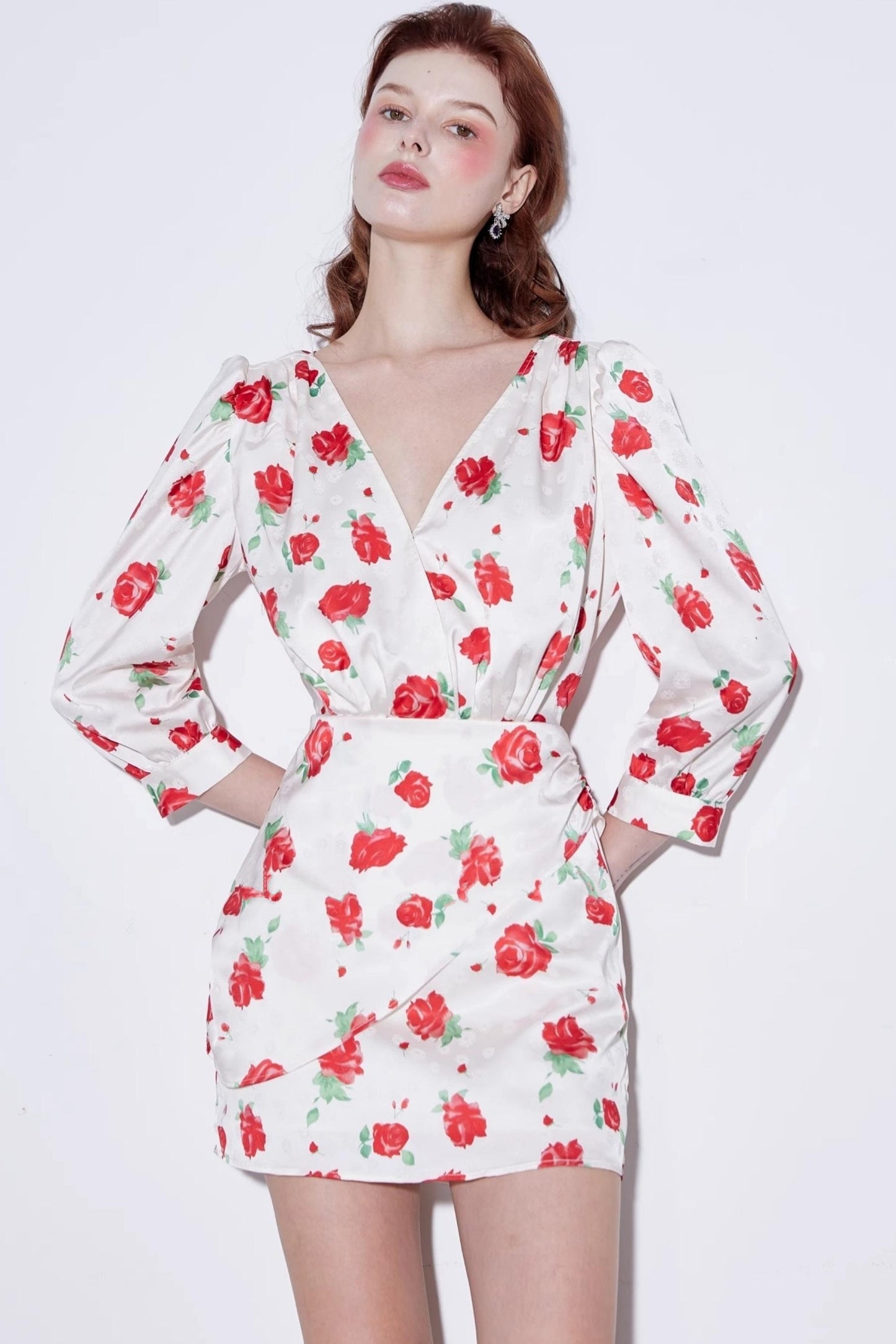 Satin Rose Jacquard V-Neck Dress