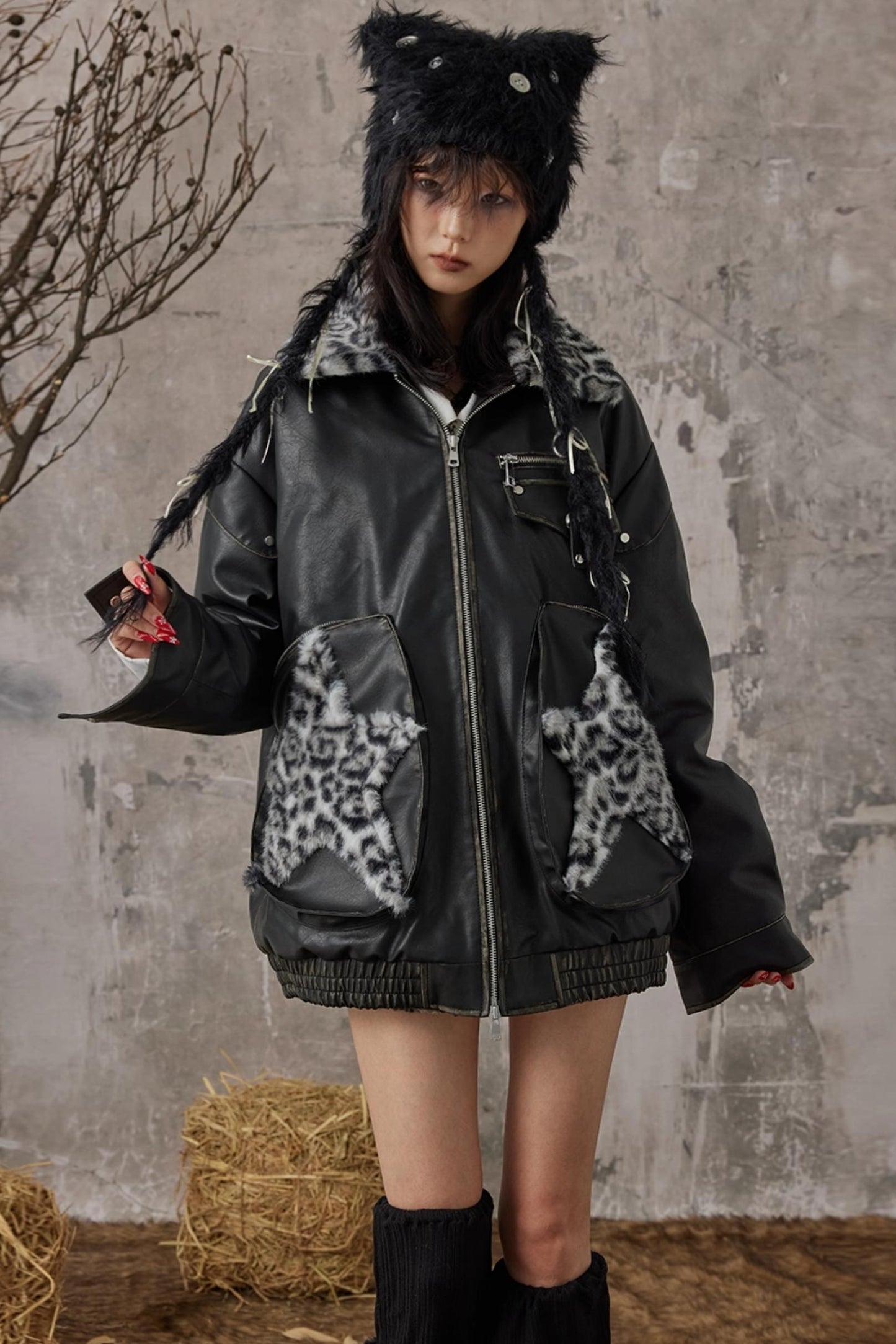 Star Leopard Print Vintage Leather Jacket