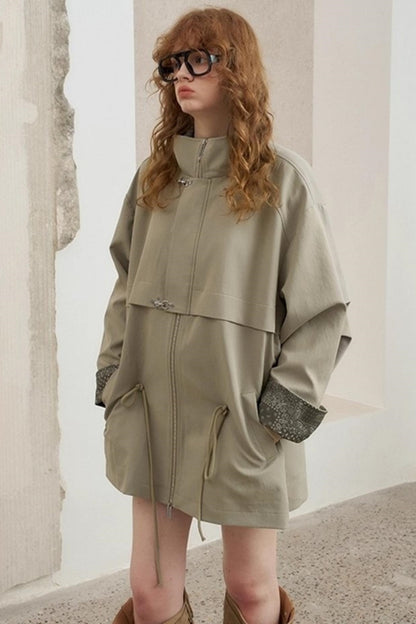 Contrast Windproof Drawstring Midi Trench Coat