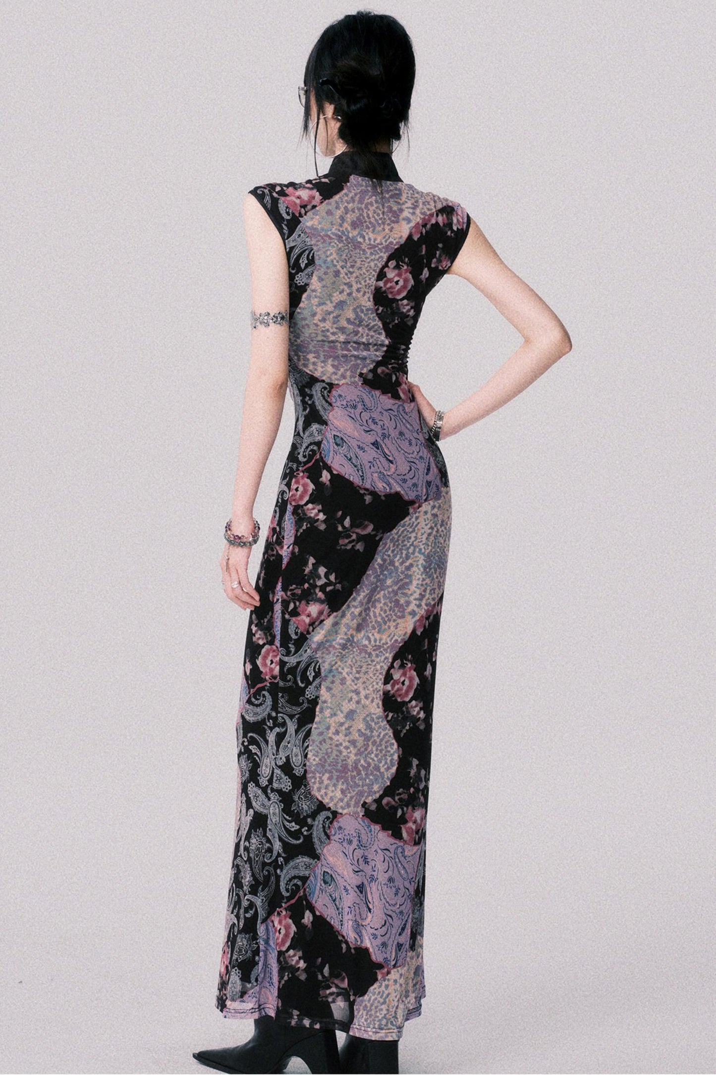 Smokey Purple Color-Blocked Cheongsam Dress