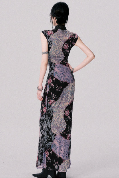Smokey Purple Color-Blocked Cheongsam Dress