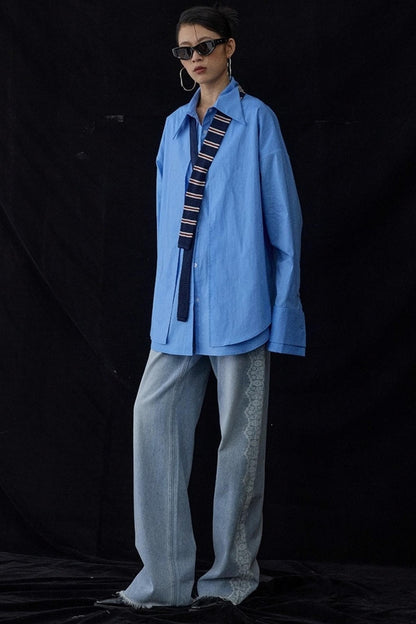 Blue Pointed Long-Sleeved Shirt