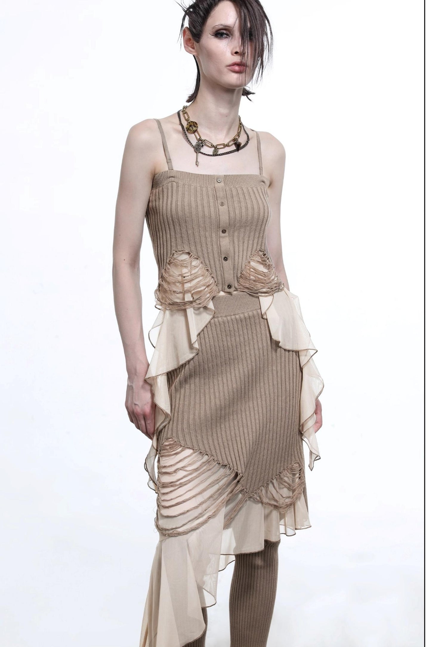 Wasteland Ruffled Patchwork Knit Skirt