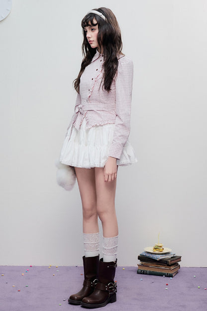 Spring Slim Plaid Ruffle Tie Shirt