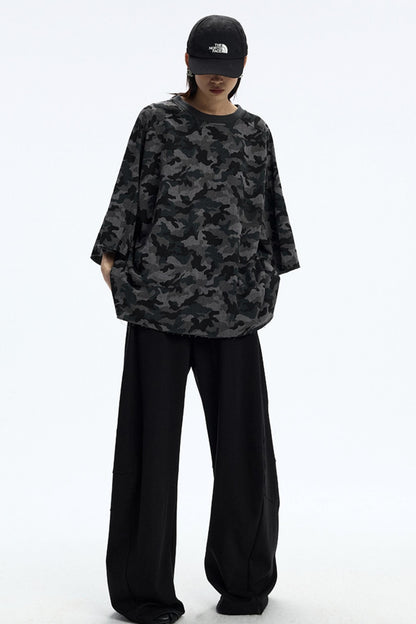 Vintage Camouflage Three-Quarter Sleeve Top