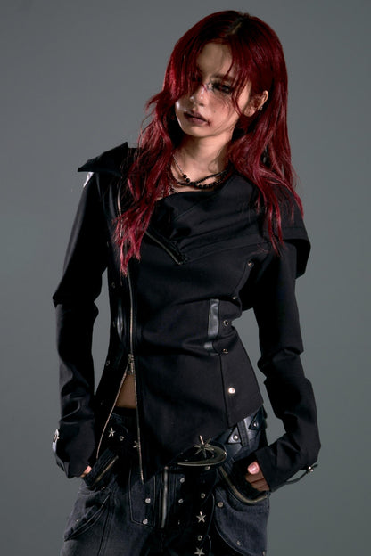 Hooded Asymmetrical Zip Knit Top