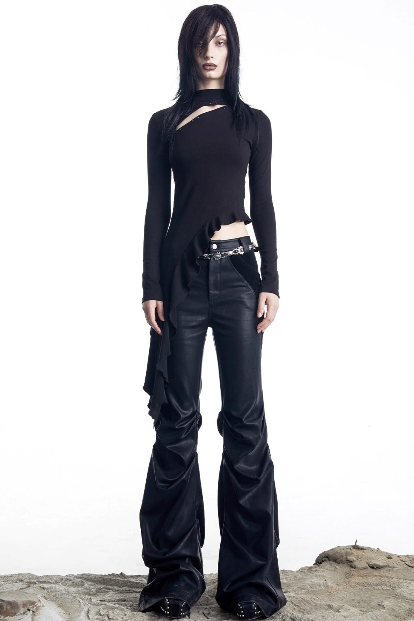 Openwork Rivet Ruffled Knit Top