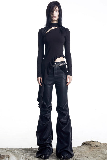 Openwork Rivet Ruffled Knit Top