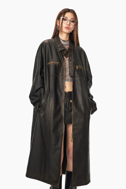 Vintage-Like Washed Leather Long Coat