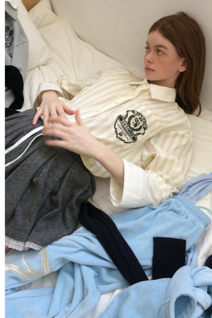 Beige Striped Embroidered Shirt