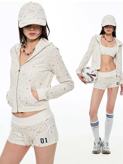 Animal Flower Print Zip-Up Hoodie & Short Pants Set Up