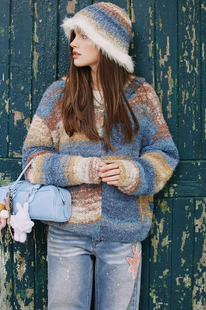 Blue Gradient Hooded Wool Cardigan