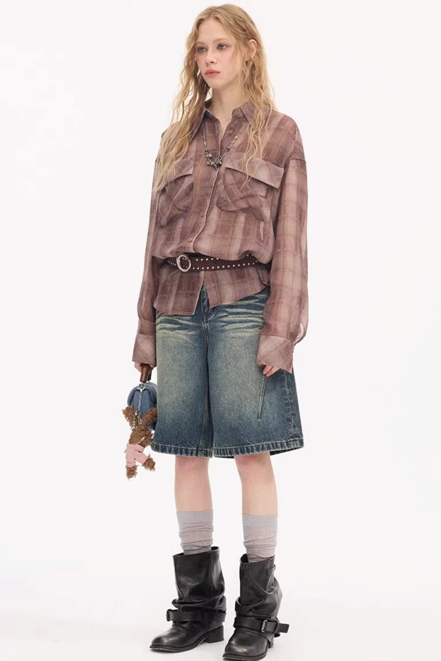 Plaid Lantern Sleeve Blouse