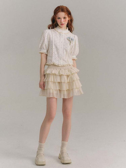 Flower Jacquard Lace French Short Sleeve Shirt