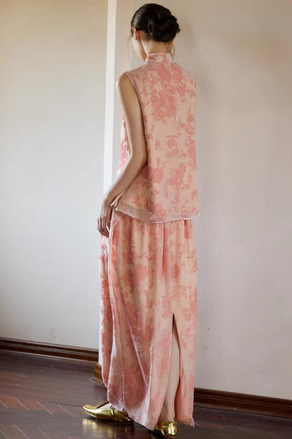 Embroidered Pink Cheongsam Skirt Set-Up