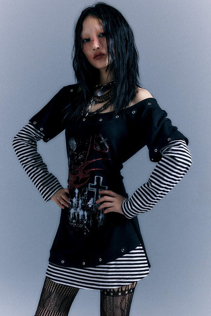 Punk Striped Cinched Waist T-Shirt Dress