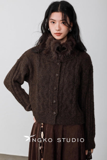 Caramel Brown Fur Collar Cardigan