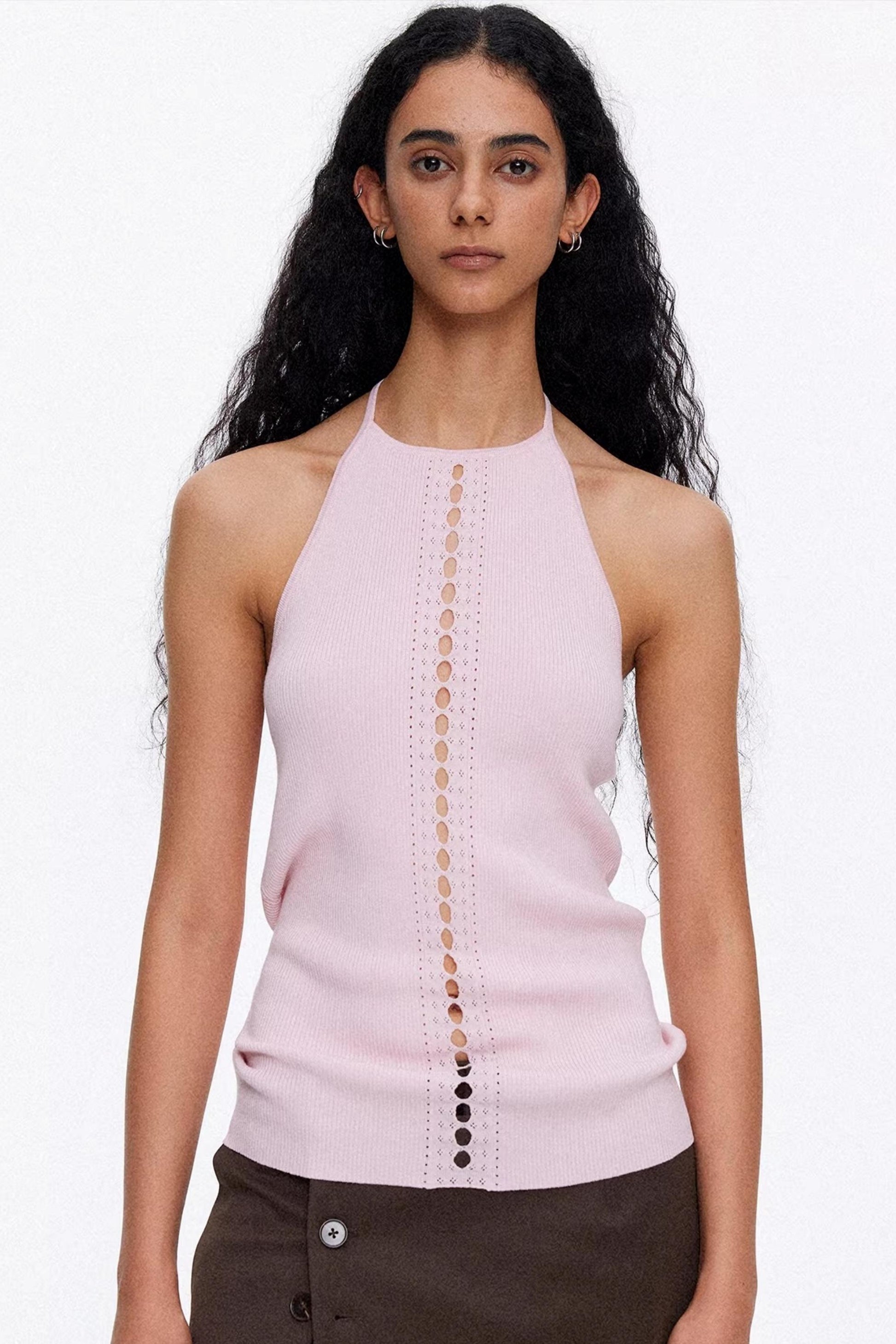Chic pink color-blocked lyocell knit top with elegant collar detail