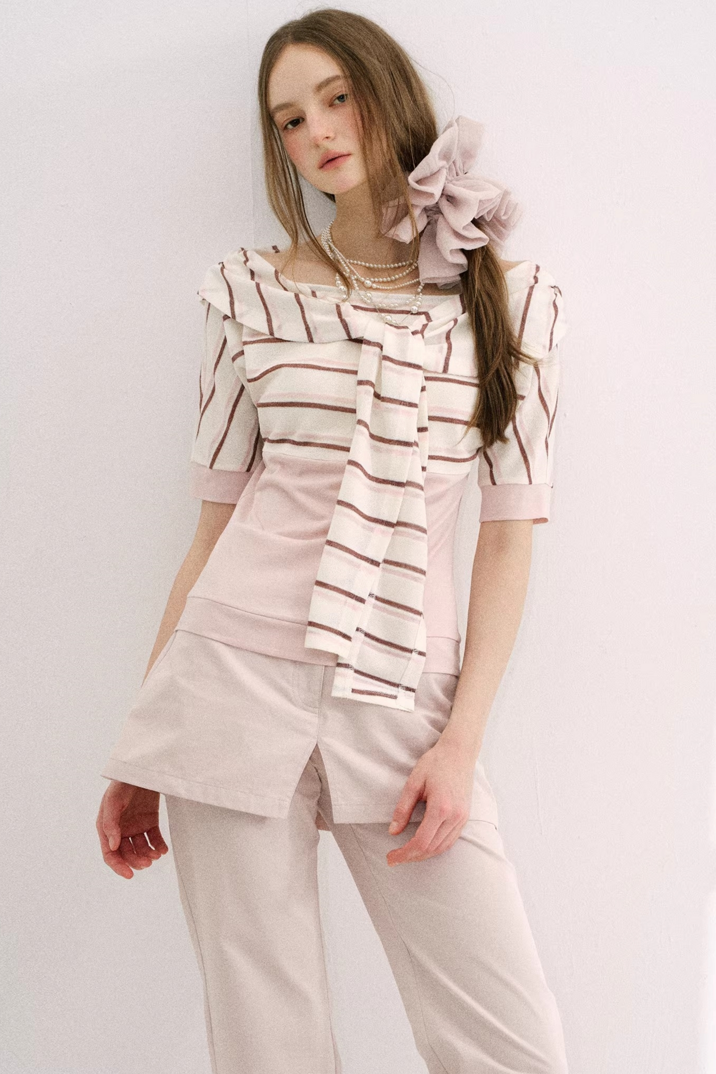 Cherry Blossom Striped Tie-Neck Top