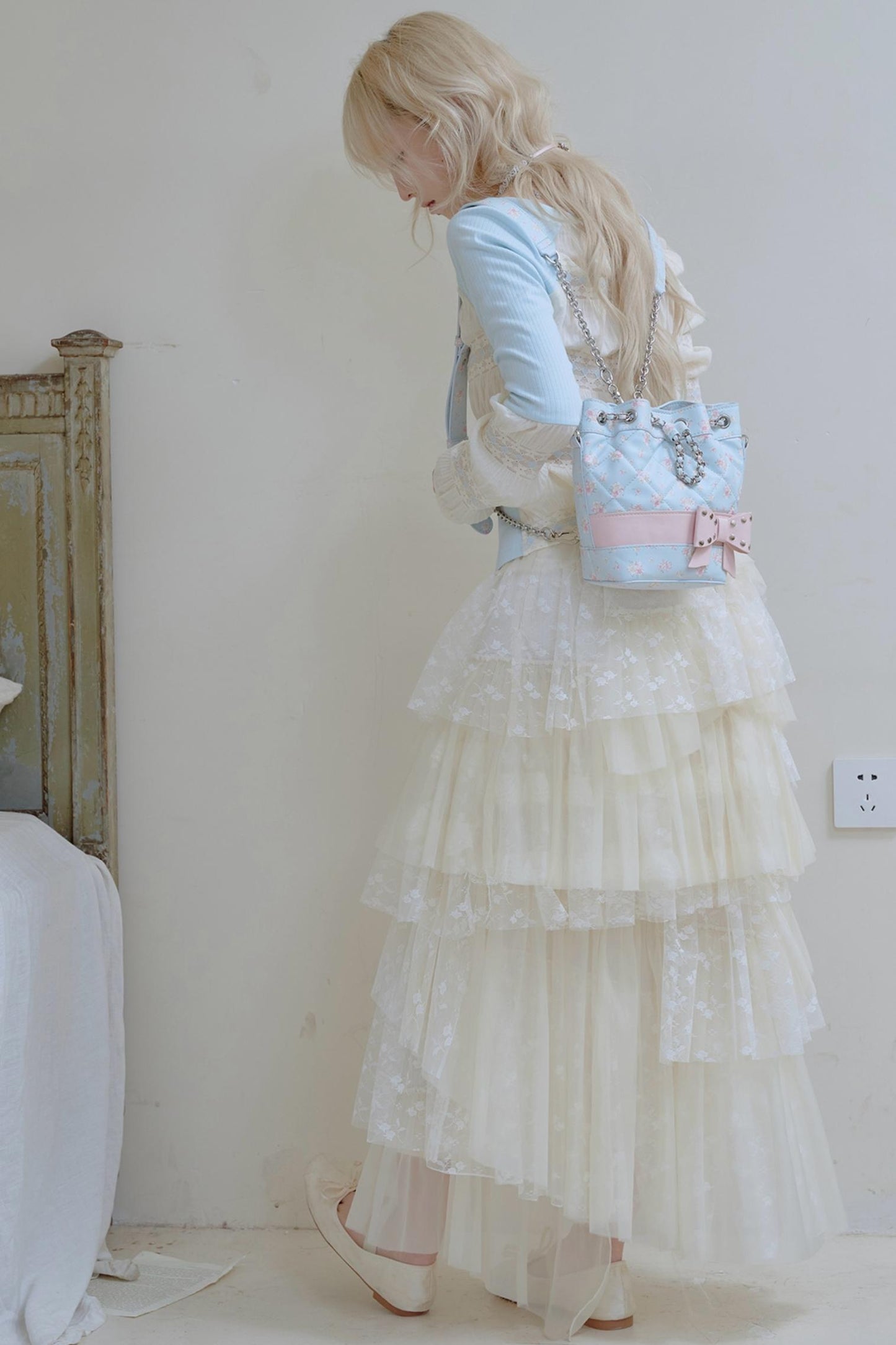 Beige Lace Patchwork Chiffon Skirt