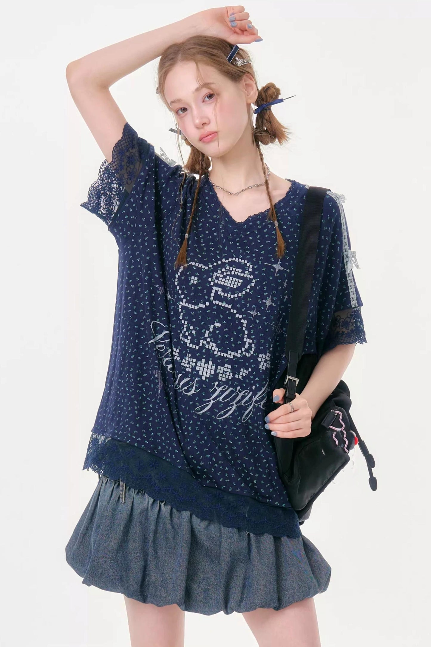 Dark Blue Floral Lace V-Neck T-Shirt