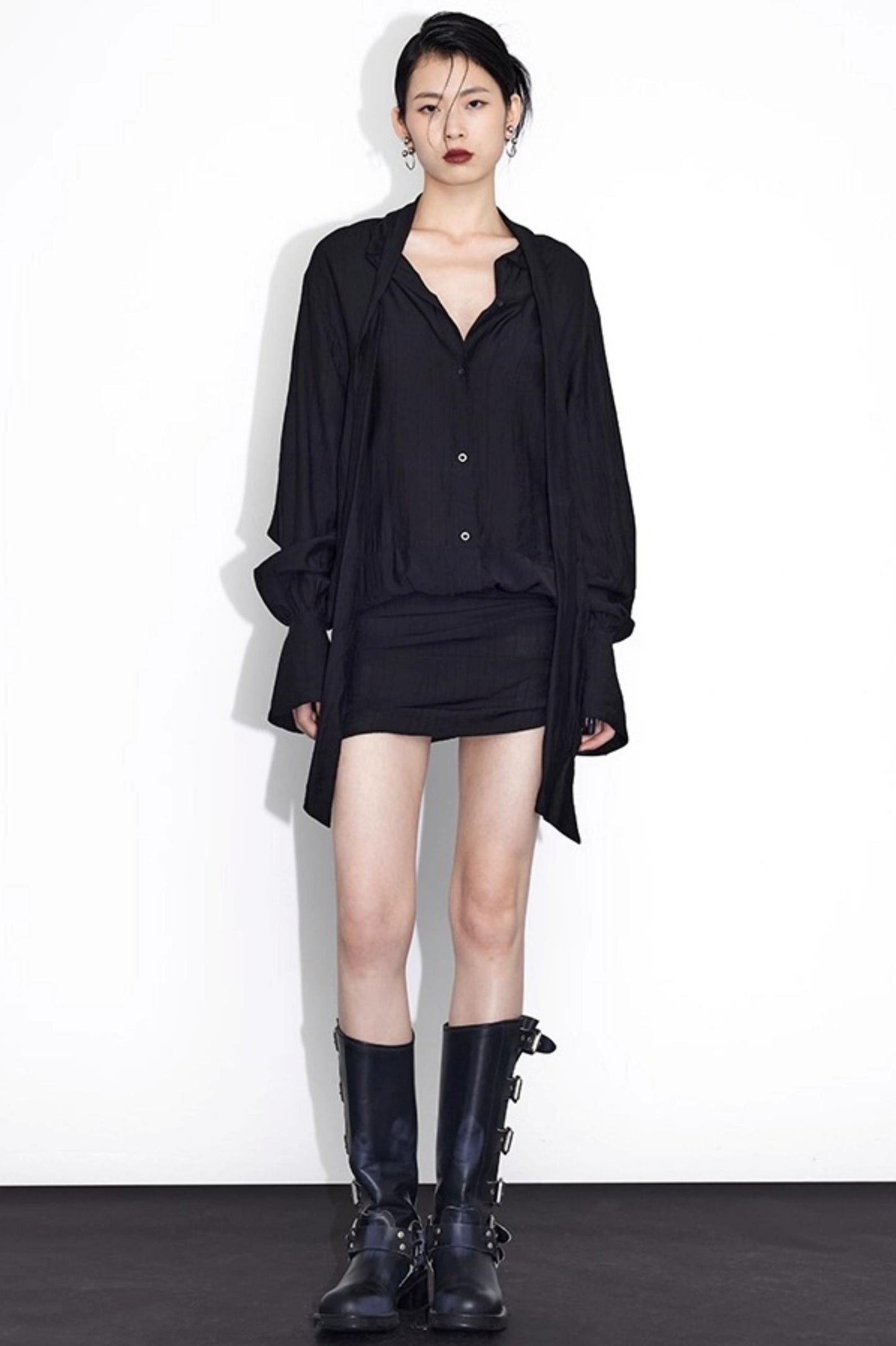 Streamer Black Drape Shirt Dress