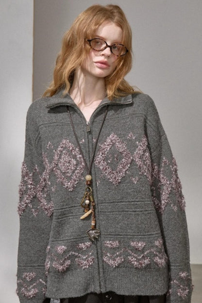 Diamond Pattern Knitted Cardigan Jacket