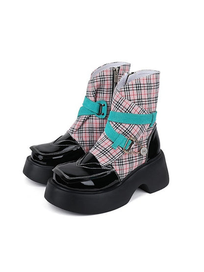 Niche Punk Style Plaid Pattern Side Zip Martin Boots