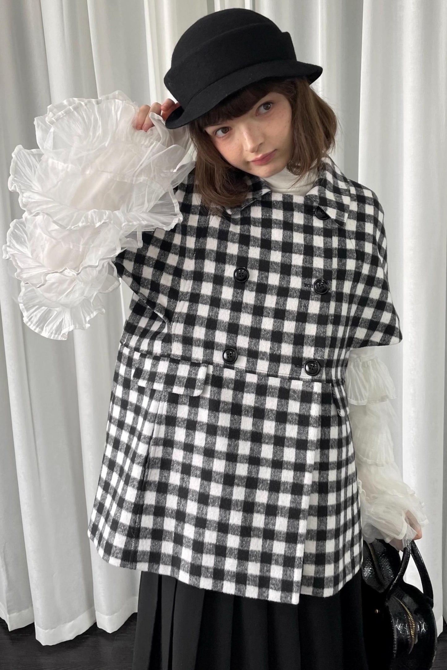 Black Plaid Lapel Woolen Coat