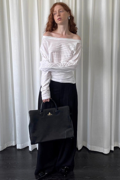 Pleated Slanted Shoulder Slimming Top