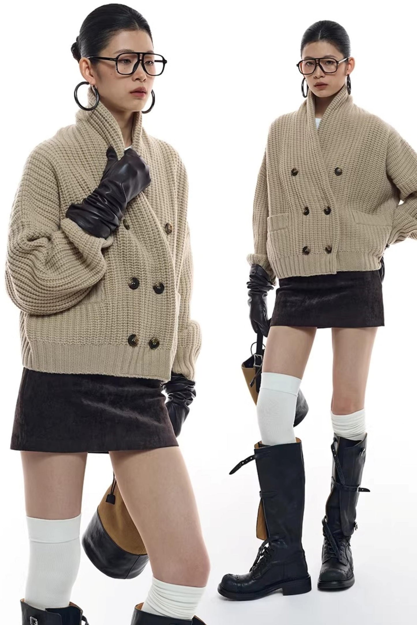 Kamelfarbener zweireihiger Strick-Strickjacke
