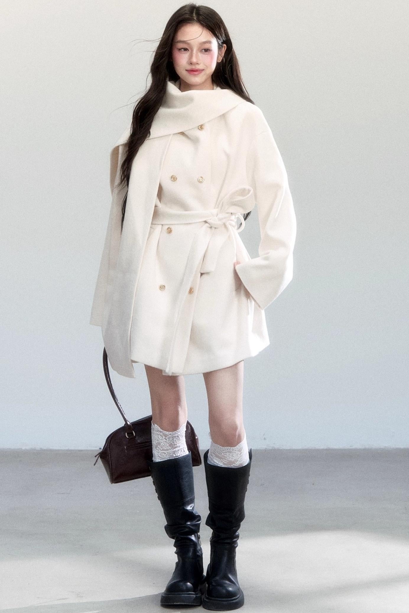 White Lace-Up Woolen Jacket