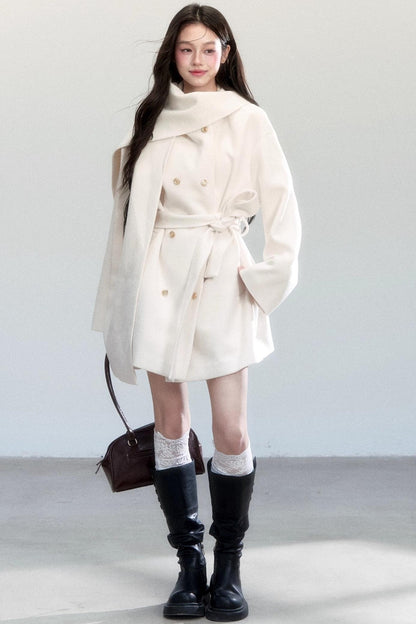 White Lace-Up Woolen Jacket