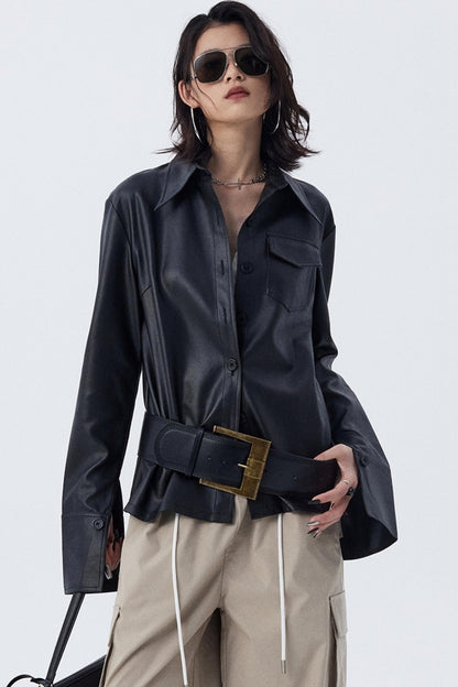 Pocket Detail Leather Biker Coat